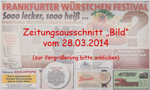 Vorschaubild zur Anzeige aus der Bildzeitung vom 28. März 2014 zum Franfkurter Würstchen Festival